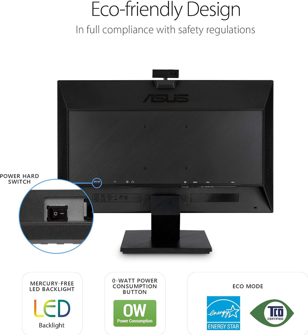ASUS BE24EQK 24' Business Monitor with 1080P Full HD IPS, Eye Care, DisplayPort HDMI, Frameless, Built-in Adjustable 2MP Webcam, Mic Array, Stereo Speaker, Video Conference,Black