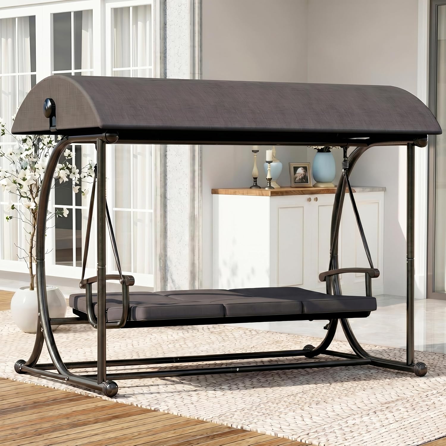 3 Seat Patio Swing with Canopy, Convertible Porch Swing Bed for Adults, Heavy Duty Outdoor Swing Chair with Stand for Backyard Garden Balcony, Thick Cushion, Gray