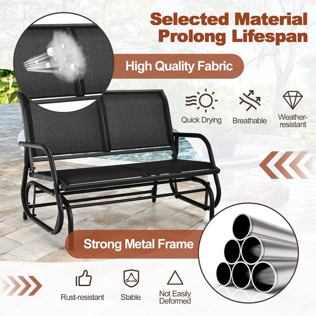 Tangkula 2 Person Patio Glider, Outdoor Swing Bench Rocker Glider Loveseat Chair with Heavy-Duty Steel Frame, Breathable Seat Fabric, Rocking Lounge Chair for Poolside, Garden, Backyard, Porch (Black)