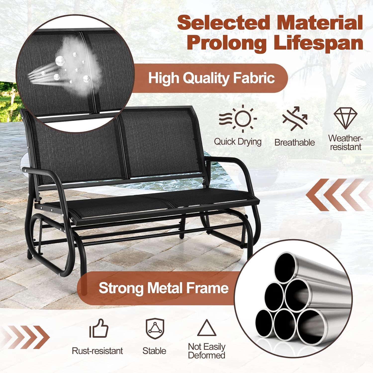 Tangkula 2 Person Patio Glider, Outdoor Swing Bench Rocker Glider Loveseat Chair with Heavy-Duty Steel Frame, Breathable Seat Fabric, Rocking Lounge Chair for Poolside, Garden, Backyard, Porch (Black)