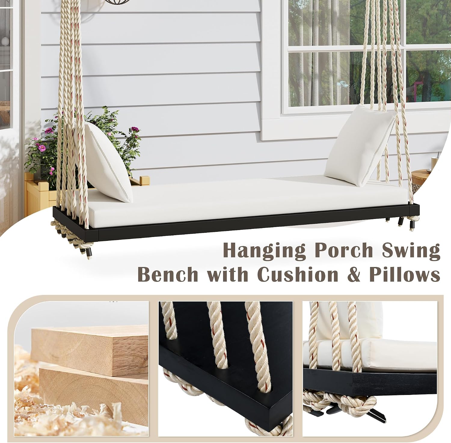 YOPTO Acacia Wood Porch Swing Bench with Cushion & Pillows, 63' Outdoor Hanging Bench for 2 Adults, Rustic Heavy Duty 10.8ft Ropes Swing Daybed for Patio Backyard Garden, White