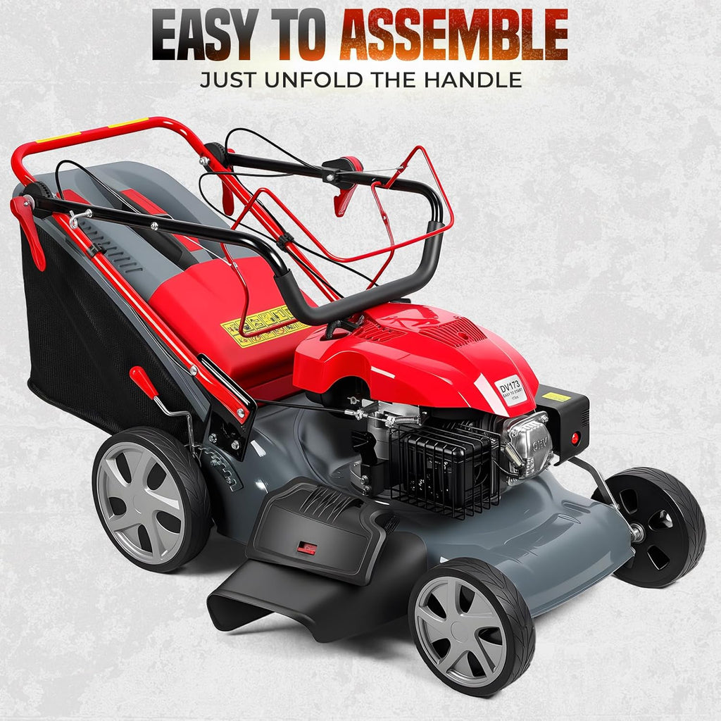 Self Propelled Gas Lawn Mower 20-Inch with 60L Grass Bag - 173cc Gas Powered Engine for Hills & Thick Grass 3-in-1 Mulch/Bag/Side-Discharge, Rear Wheel Drive for Uneven Yards