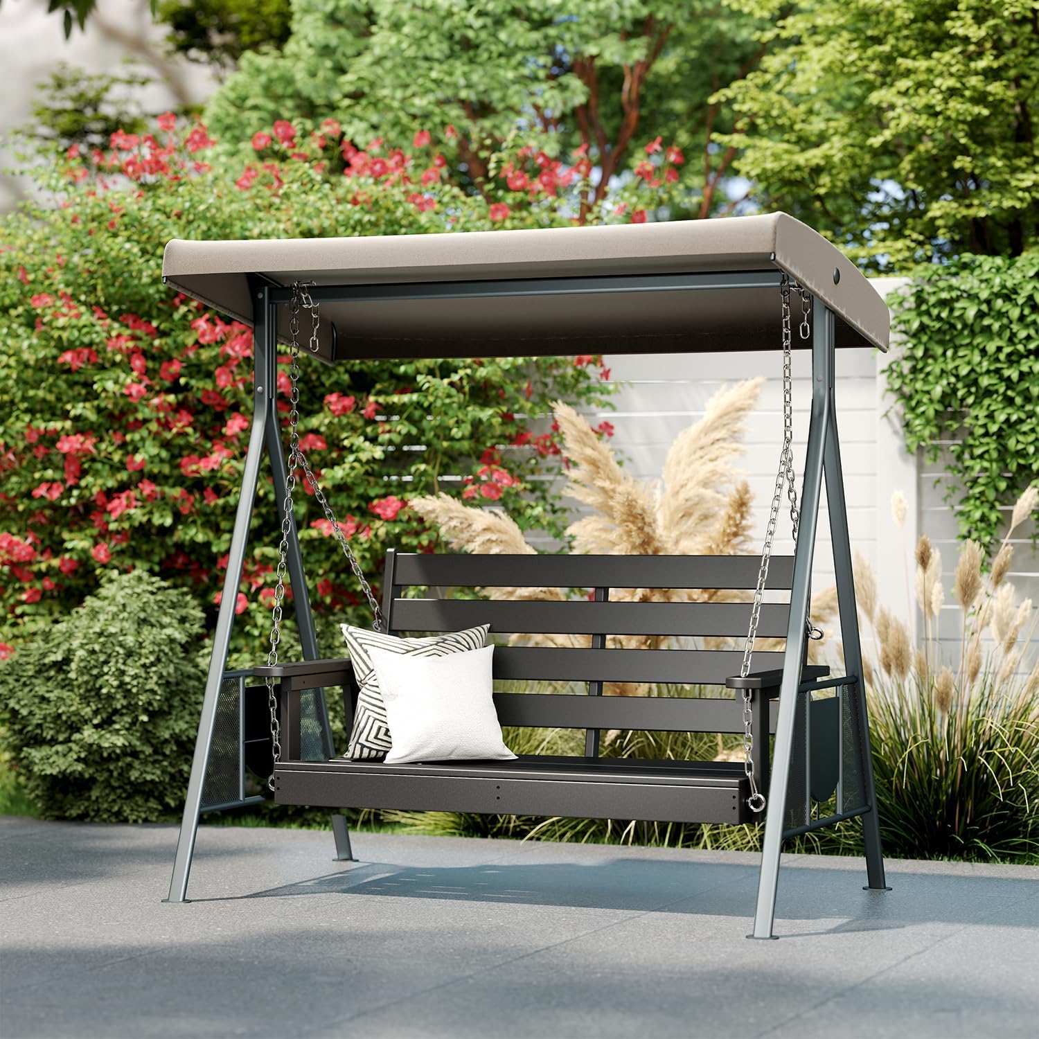 IVY&LANE Outdoor Porch Swing | HDPE Plastic | 2-Person | Hanging Bench Swings | Weatherproof | 4 Stainless Steel Chains | Black | for Outside Patio Garden Backyard Tree