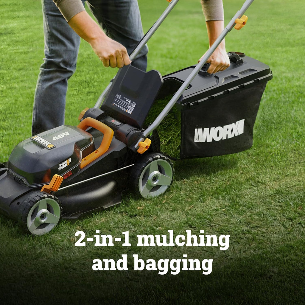 WORX Cordless Lawn Mower, 14' 40V Electric Mower with Brushless Motor, Lightweight 2 in 1 Push Lawn Mower with 6-Position Height Adjustment for Small Yards, 2 Batteries & Charger Included, WG735