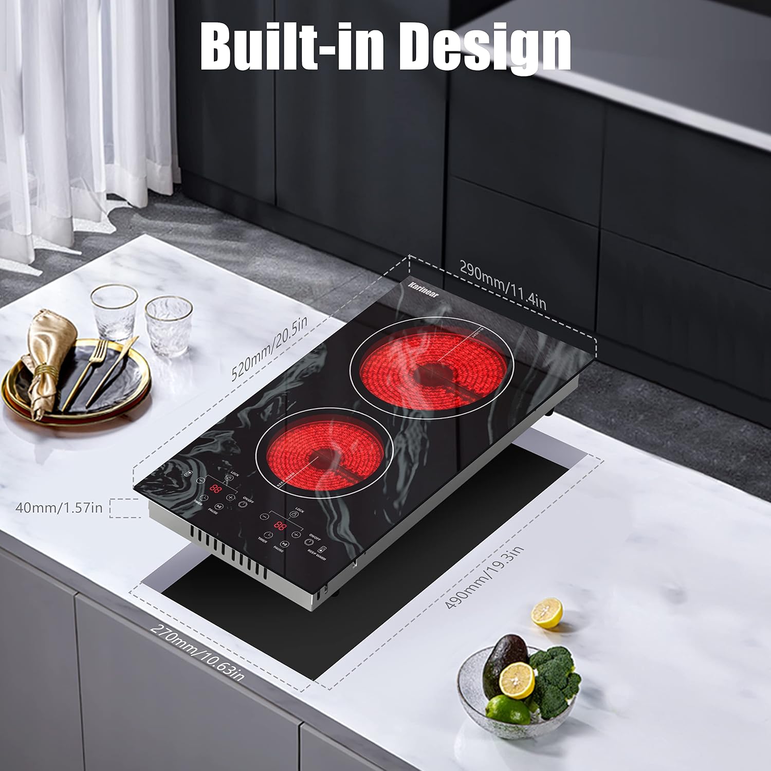 Karinear Portable Electric Cooktop 2 Burners, 110v Plug in Electric Stove Top, Countertop Use or Built-in Install, 12'' Ceramic Cooktop with Beautiful Wave Patterned