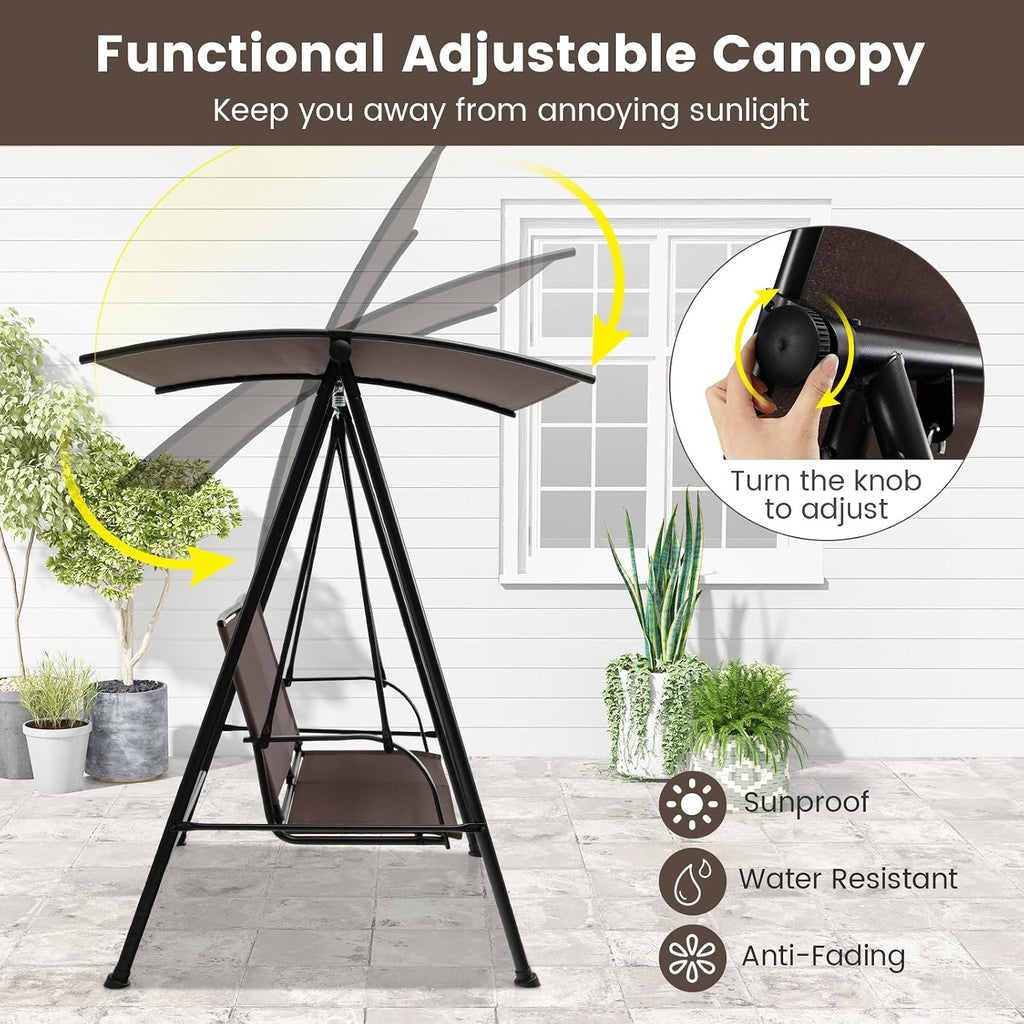 HAPPYGRILL 2-Person Patio Swing with Canopy, Heavy-Duty Metal Frame, Breathable Seat Fabric, Outdoor Loveseat Swing for Backyard, Balcony, Poolside