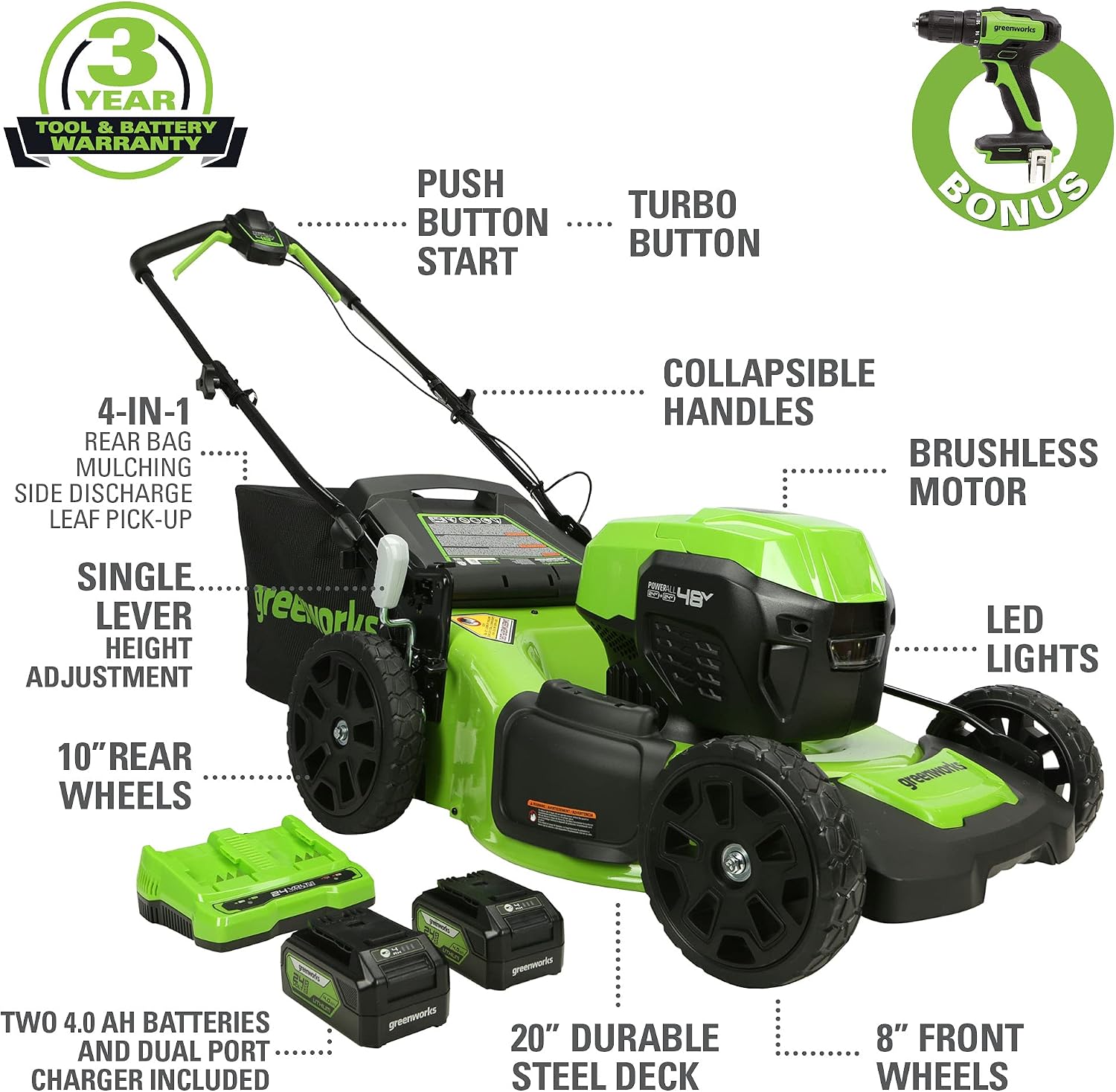 Greenworks 48V (2 x 24V) 20' Brushless Cordless Push Lawn Mower + 24V Brushless Drill / Driver, (2) 4.0Ah USB Batteries (USB Hub) and Dual Port Rapid Charger Included