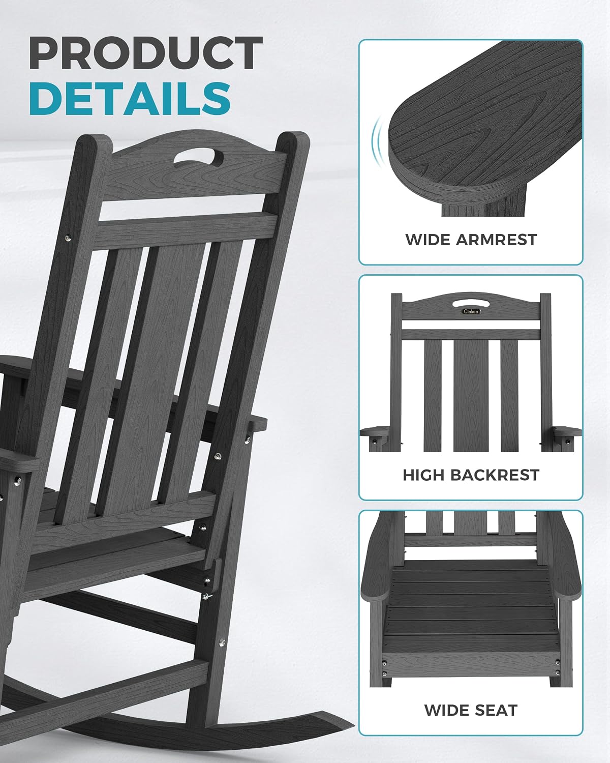 Ciokea Oversized Outdoor Rocking Chairs Set of 2, 380lbs Heavy-Duty Large Patio Rocker, High Back Cozy Porch Chairs, Weather Resistant Patio Rocking Chairs for Outside, Fire Pit, Deck, Dark Grey