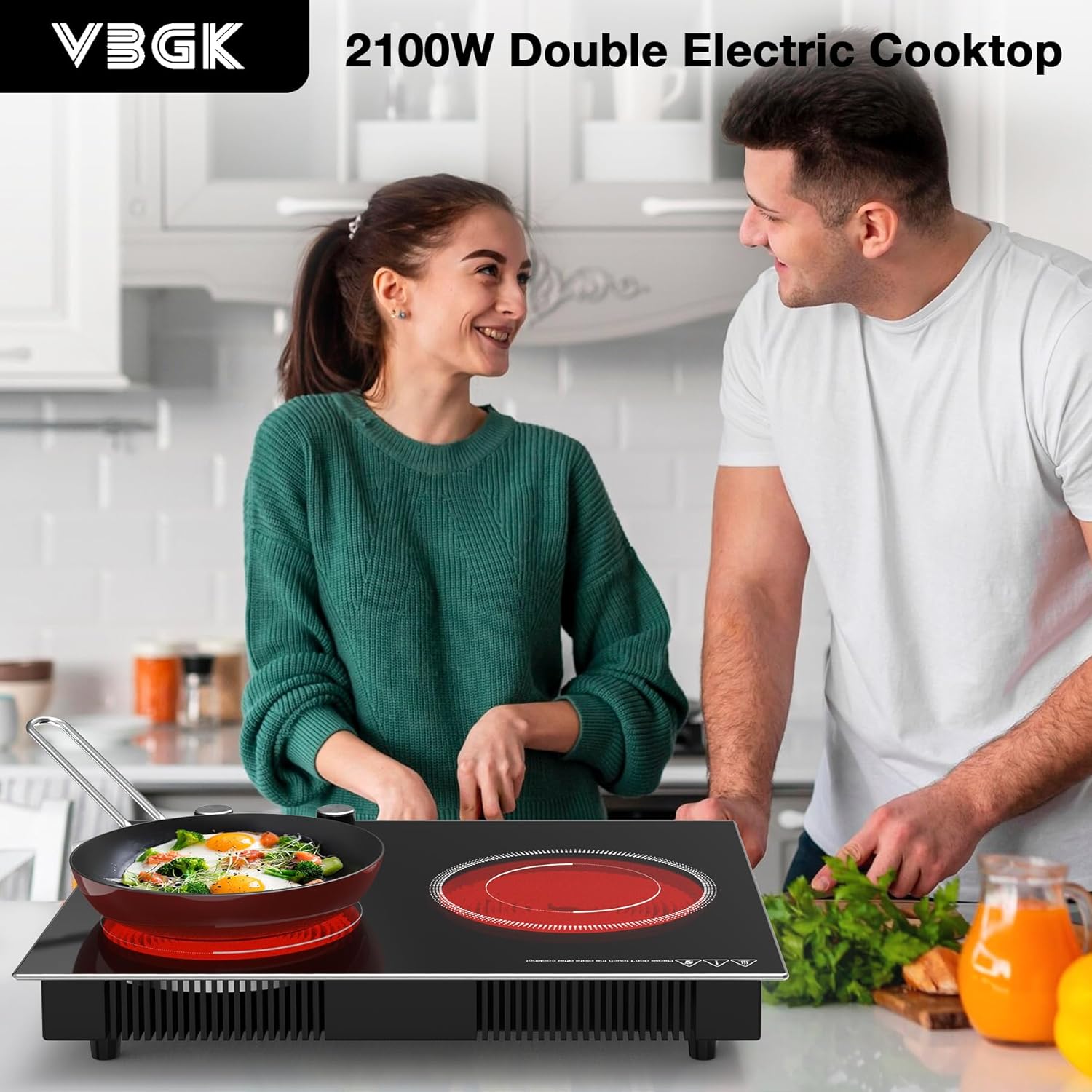 VBGK Electric Cooktop,2100W Built-in & Countertop 2 Burner Electric Cooktop,Electric Stove Top with10 Heating Level, Timer & Kid Safety Lock, LED Knob Touch Control Electric Burner with Plug