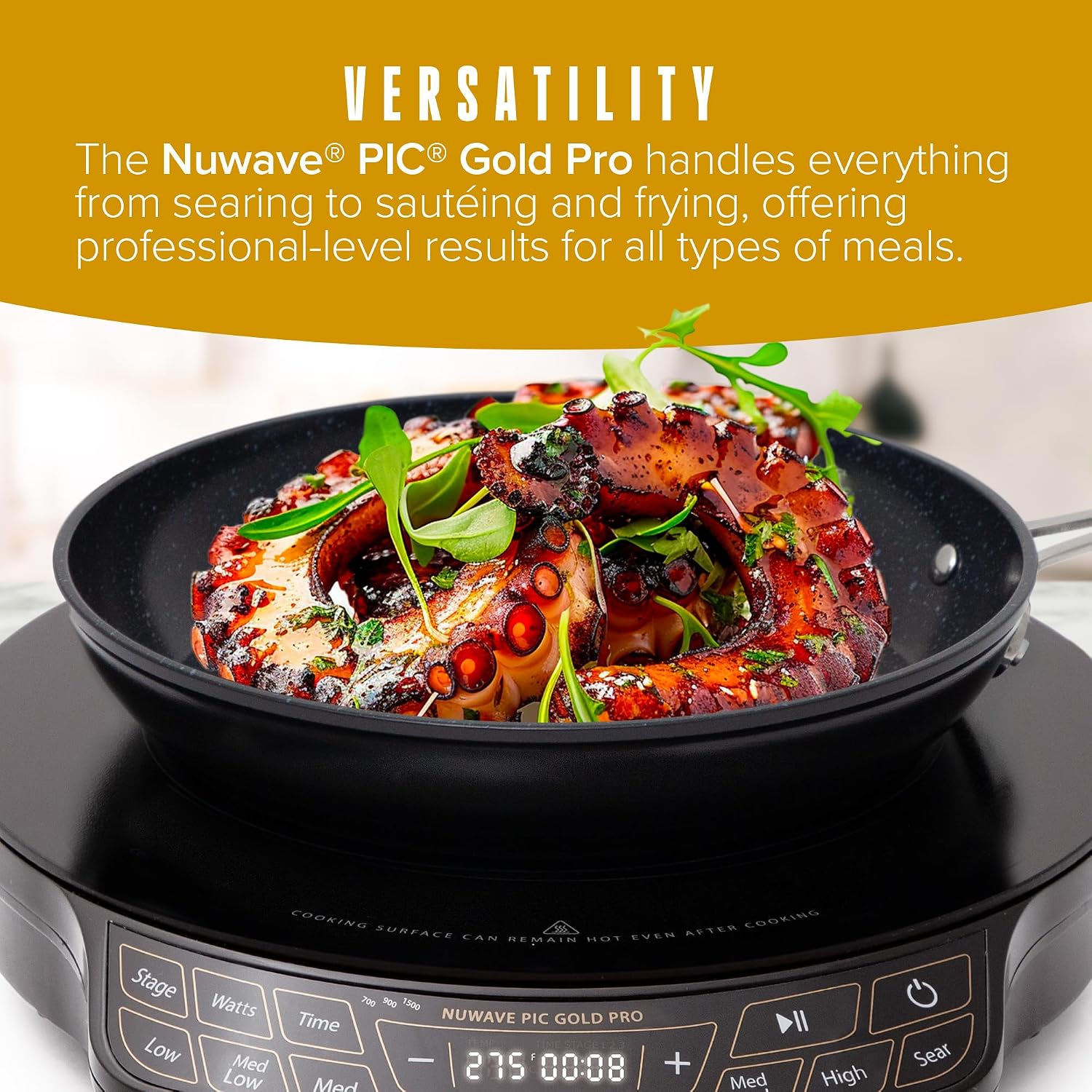Nuwave Gold Pro Precision Induction Cooktop, Large 8' Heating Coil, 12' Heat-Resistant Cooking Surface, Adjustable Wattages,100°F to 575°F, Portable, Built-In Safety Auto Shut Off