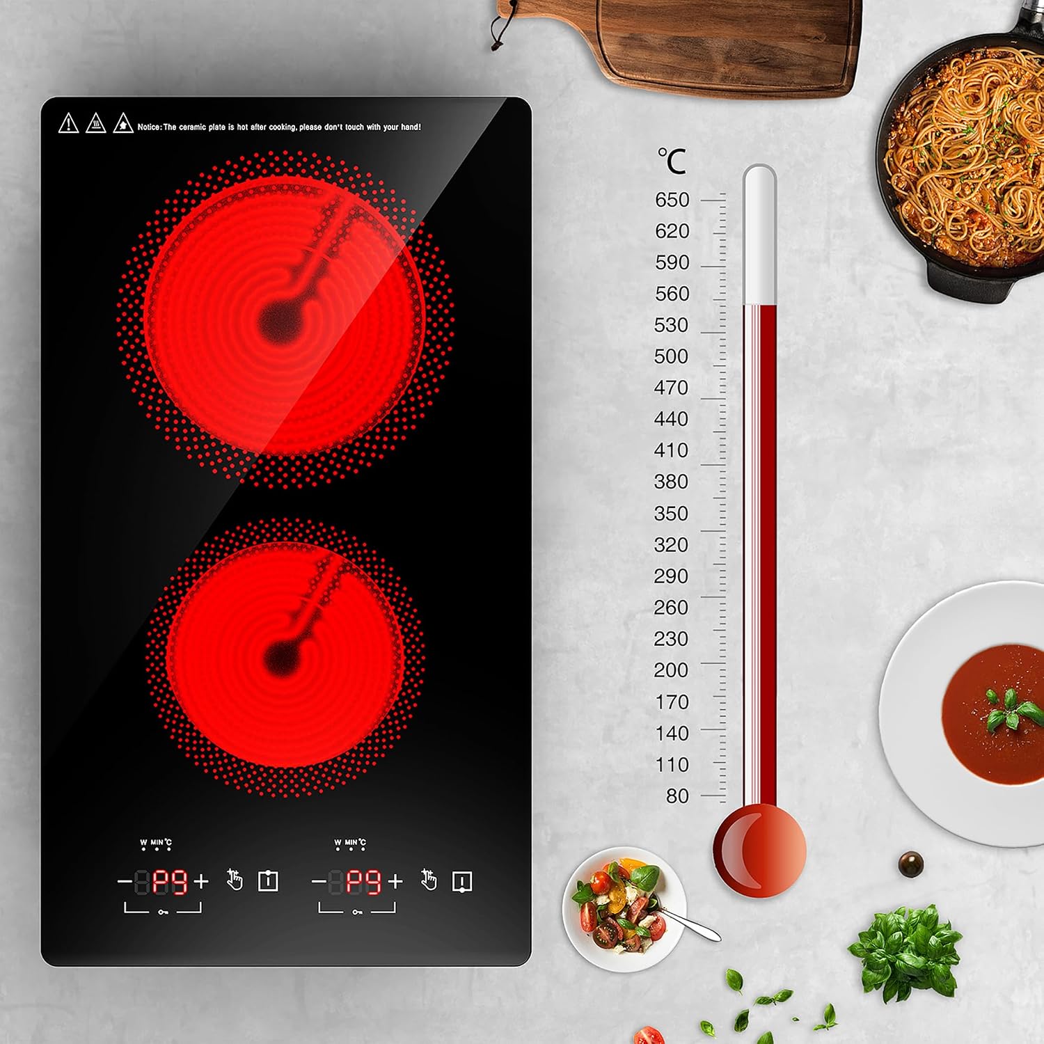 Electric Cooktop 2 Burners 2100W, 110v-120v Electric Stove Top 12 inch, Countertop & Built-in Cooktop, 20 Temperature 9 Power Levels, Child Lock, Timer, Over-Heat Protection