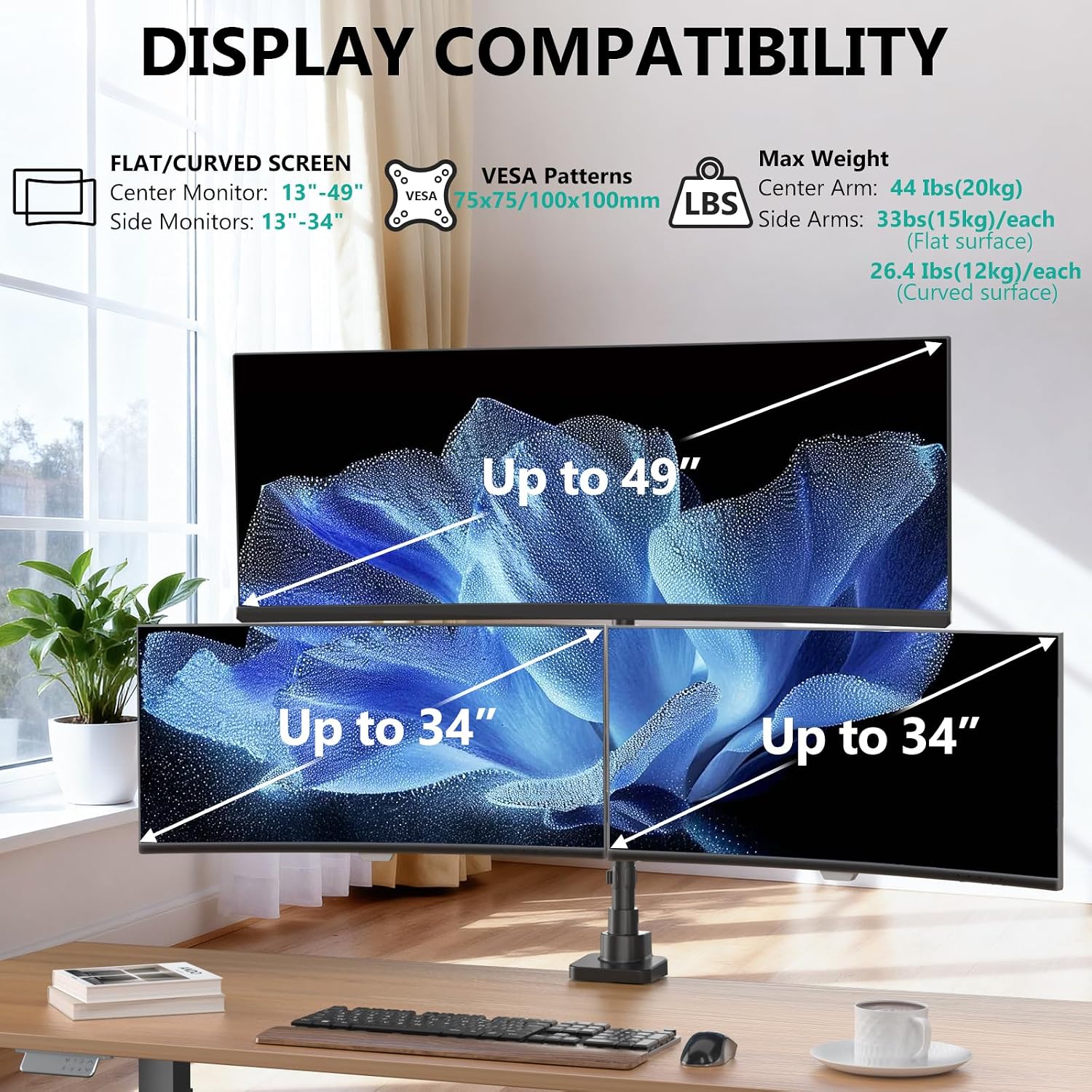 WALI Triple Monitor Mount - Extra Tall 3 Monitor Desk Mount for 13-49 Inch Ultrawide Screens, Up to 44 lbs, Fully Adjustable Heavy Duty Monitor Arm, VESA 75/100 mm (GSDM003-P), Black