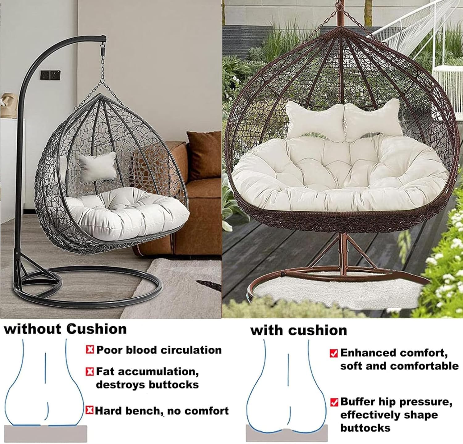 ZTGL Hammock Swing Chair Cushion, Washable Double Egg Chair Cushion Replacement, Removable 2 Persons Hanging Swing Egg Chairs Chair Pads for Indoor Outdoor,K,1 pc 110x150cm