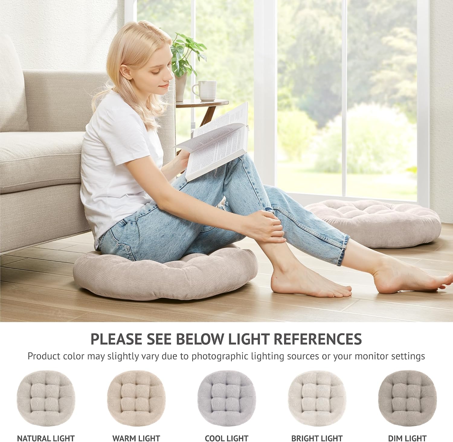 Degrees of Comfort Floor Cushion 6 Pack for Meditation, Office & Classroom – Corduroy Soft Seating Set, 22 Inch, High-Density Foam, Round Shape, Beige