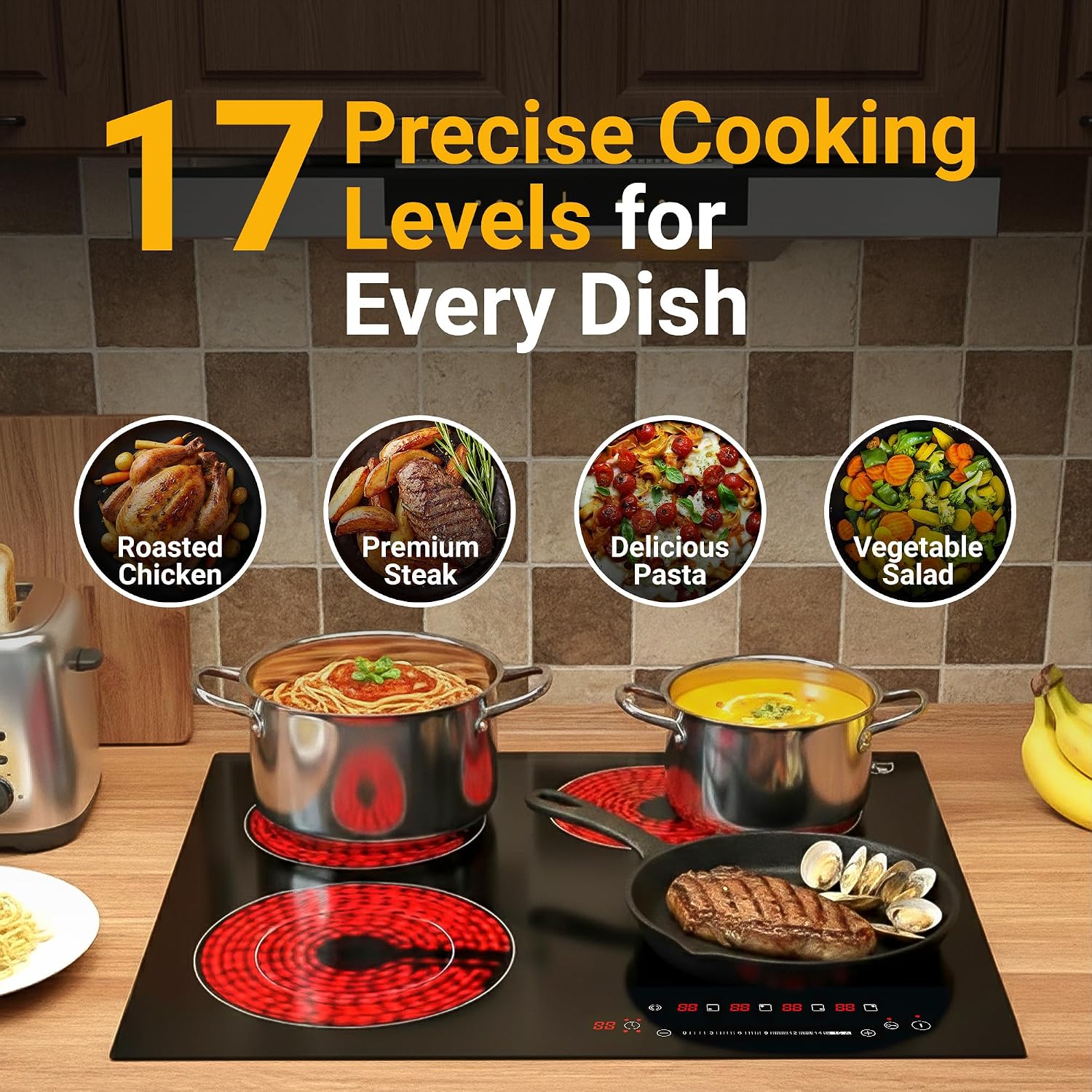 K&H 4 Burner Electric Cooktop - 24 Inch Built-In Radiant Ceramic Stove Top - 17 Power Levels & Touch Control, Compatible with All Cookware, 240V, 7200W High-Power Built-in Electric Stove, CE24-7206SL