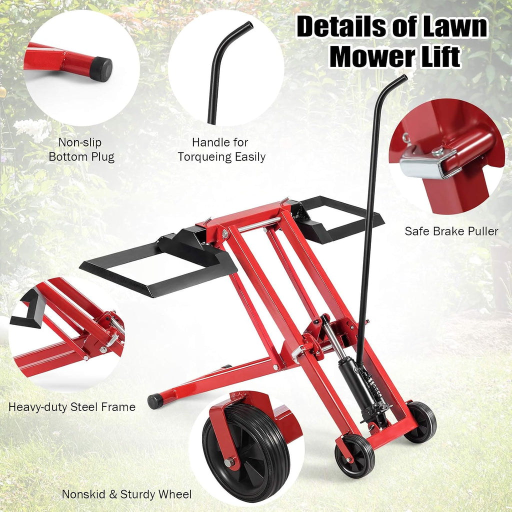 Goplus Lawn Mower Lift, 500LBS Capacity Zero Turn Mower Lift with Hydraulic Jack, Non-Slip Wheels, Adjustable Movable Lawn Mower Lift Jack for Riding Tractors, Lawnmowers