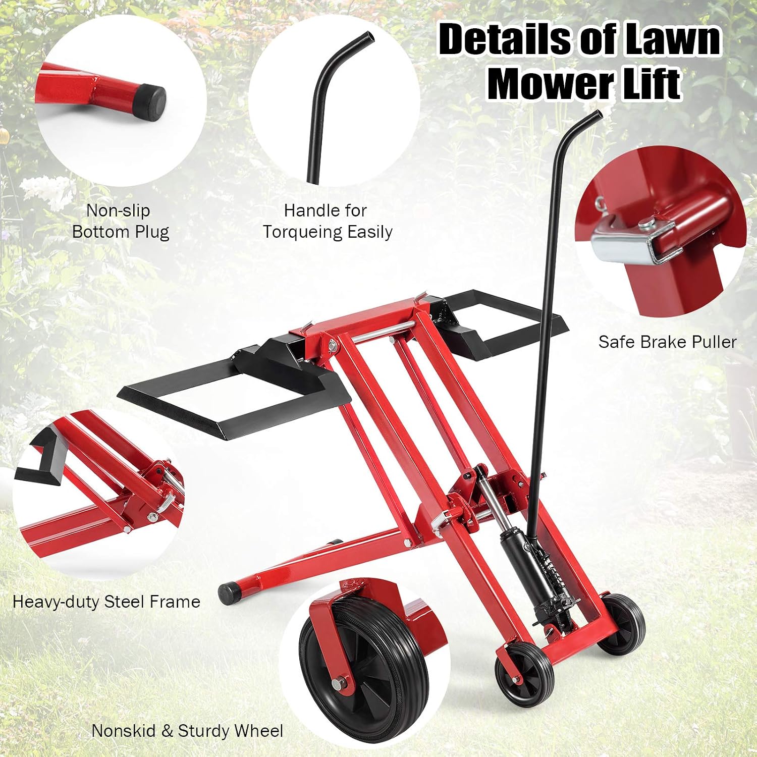 Goplus Lawn Mower Lift, 500LBS Capacity Zero Turn Mower Lift with Hydraulic Jack, Non-Slip Wheels, Adjustable Movable Lawn Mower Lift Jack for Riding Tractors, Lawnmowers