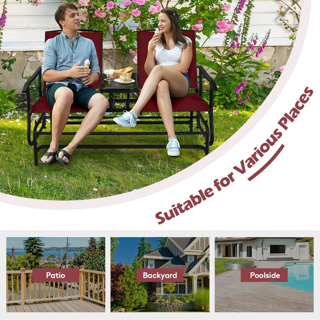 Tangkula 2 Person Swing Glider Chair, Patio Rocking Loveseat w/Center Tempered Glass Table, Outdoor Swing Bench w/Steel Frame & Breathable Mesh Fabric for Porch, Balcony, Poolside (Burgundy)