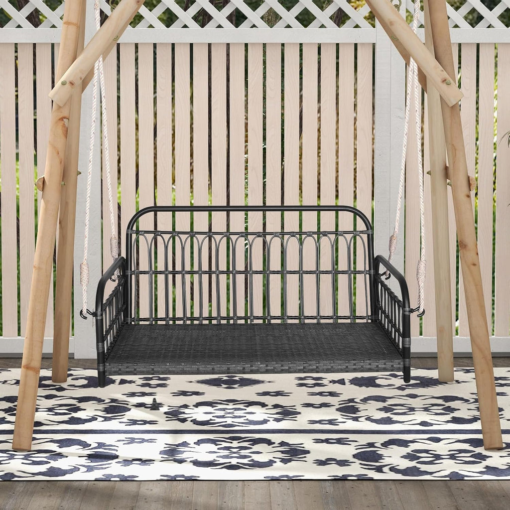 HAPPYGRILL 2-Person Patio Wicker Swing Chair, Hanging Outdoor Swing Bench with Removable Cushions, 880 LBS Weight Capacity, Outdoor Front Porch Swing for Garden Poolside Backyard