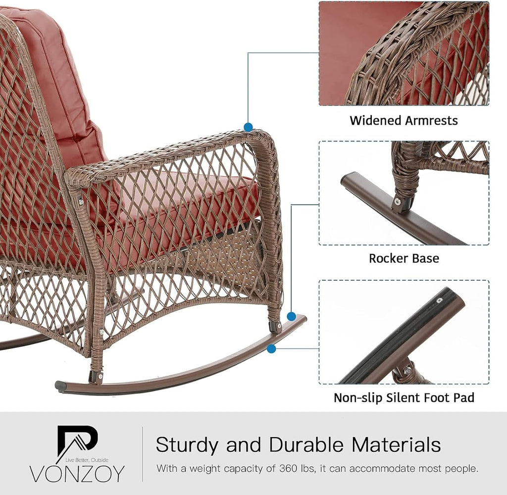 Patio Furniture Set 3 Pieces, Rocking Bistro Set with Thick Cushions, Brown Wicker Outdoor Rocker Chairs and Coffee Table for Porch, Backyard or Garden (Red)