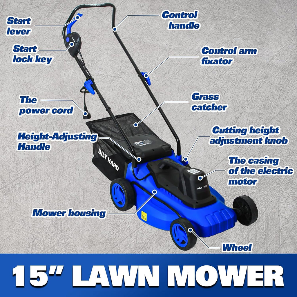 BILT HARD Corded Electric Lawn Mower 15 Inch, 11Amp Electric Push Mower with 9.2 Gallon Collection Bag, 5 Height Adjustment, Lightweight Lawnmower for Garden, Yard