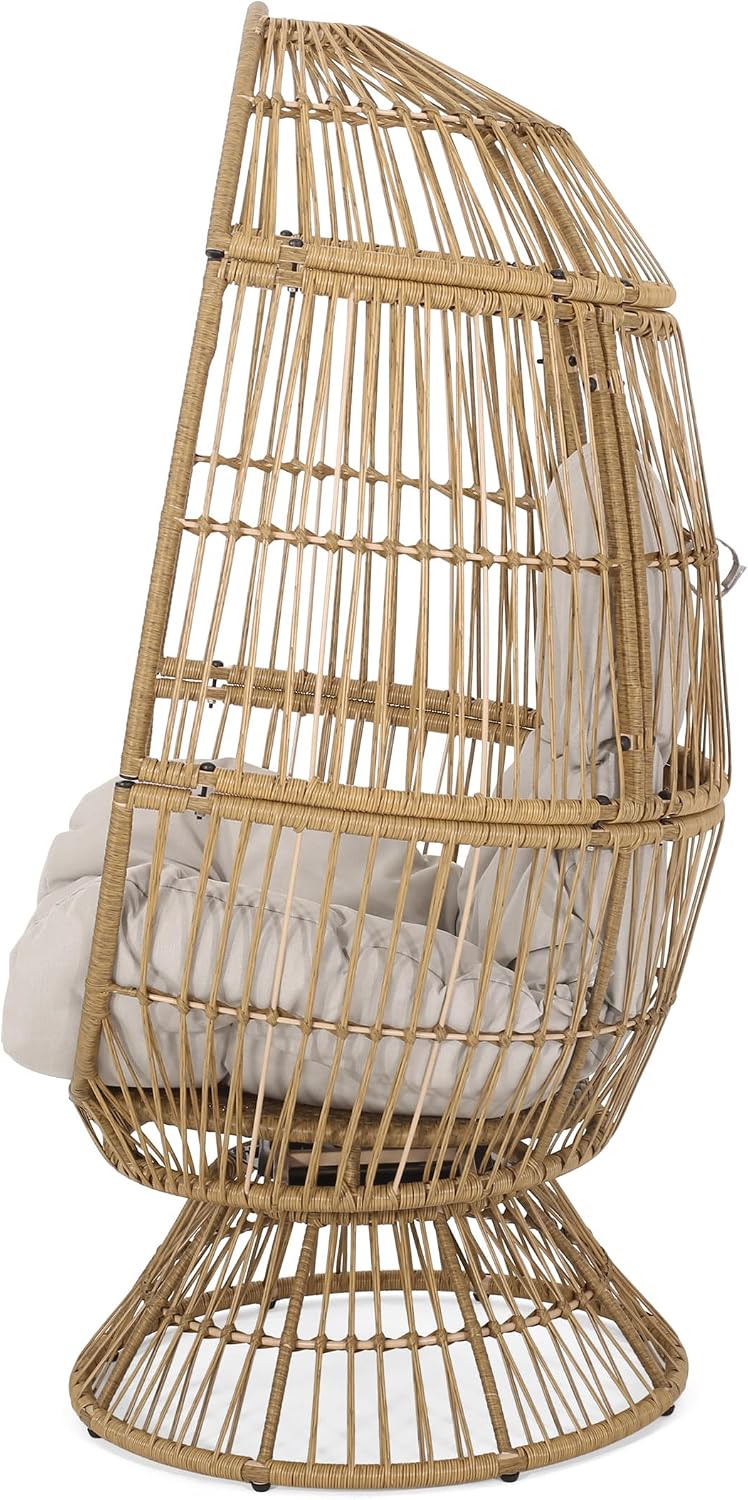 Wicker Egg Chair, Wicker Lounge Chair with Water Resistant Cushion, Indoor Outdoor Lounger for Patio, Backyard, Living Room (Natural)