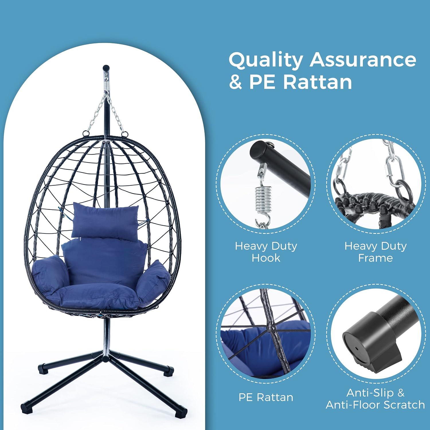 KEIKI Hanging Egg Chair with Stand, Outdoor Patio Swing Egg Basket with Cushion, 350LBS Load Rattan Wicker Hammock for Balcony, Bedroom, Living Room, Navy Blue