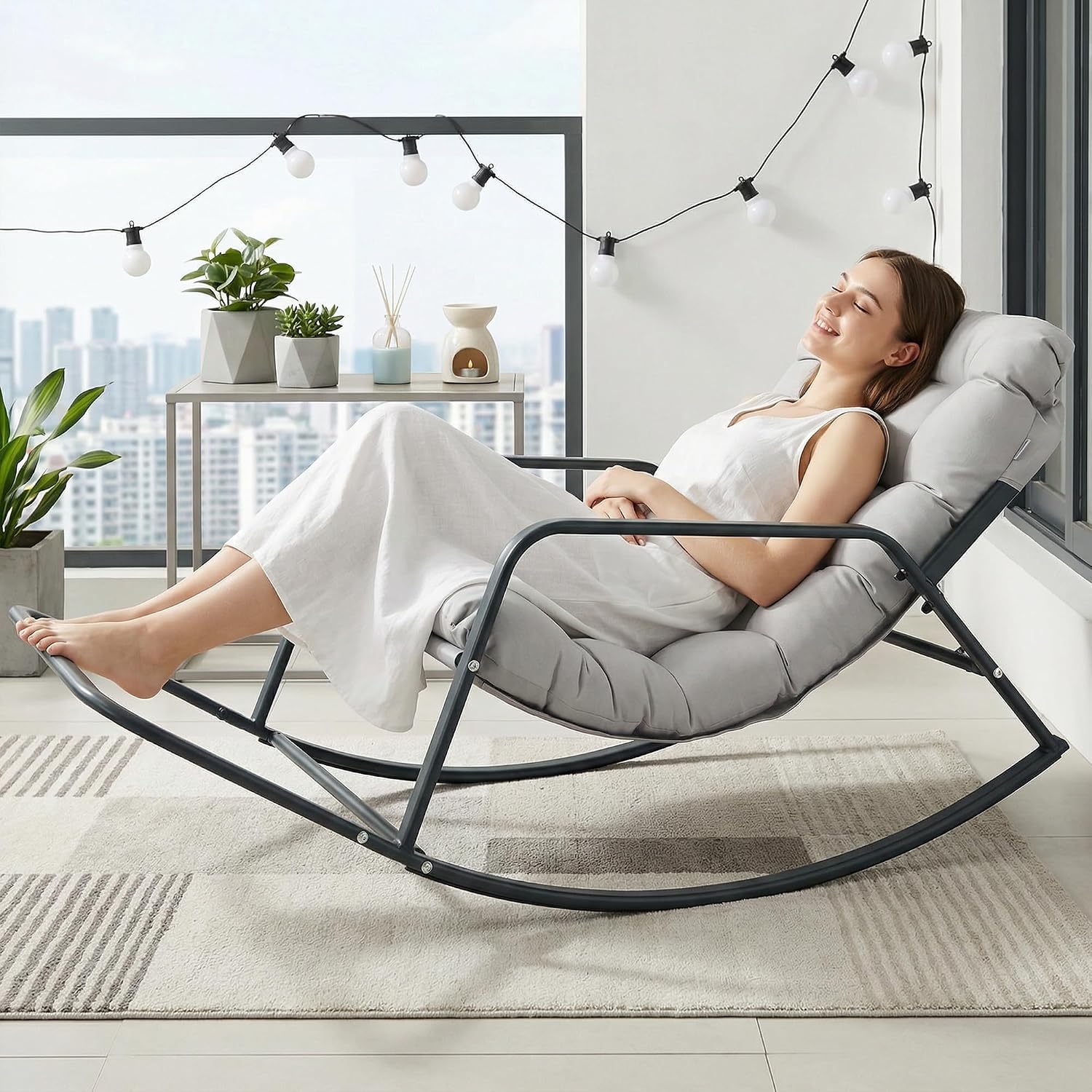 BULEXYARD Grey Oversized Indoor Outdoor Lounge Royal Rocking Chair with Armrest Footrest for Napping Relaxing, Heavy Duty Patio Reclining Papasan Rocker Chair with Padded Cushion for Porch, Sunroom