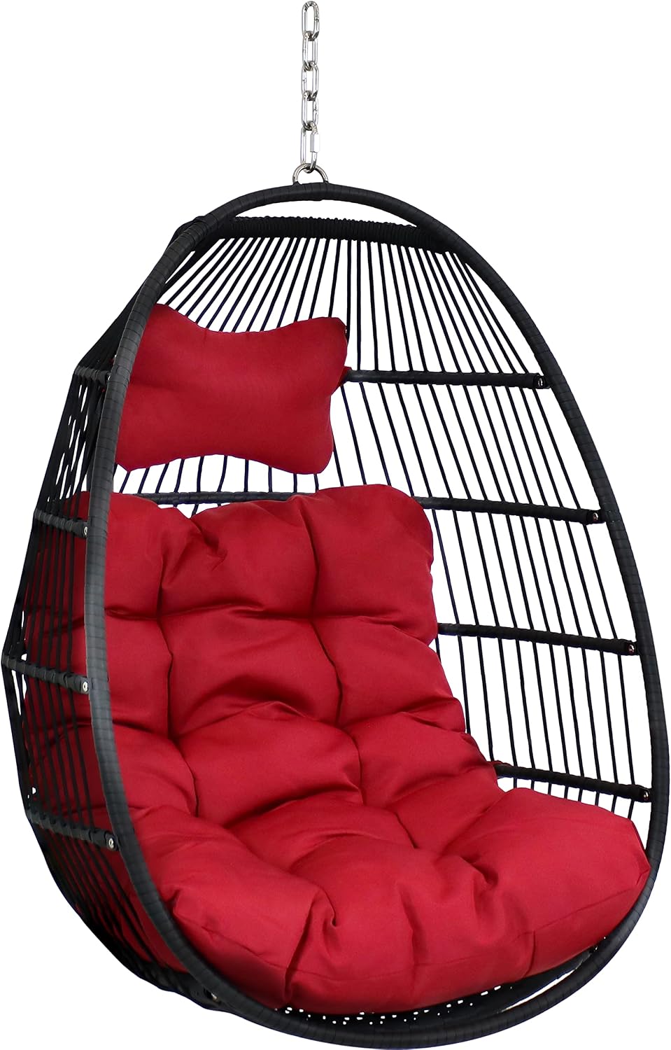 Sunnydaze Julia Hanging Egg Chair - Black Polyethylene Wicker Frame with Red Polyester Cushions - 44 Inches Tall