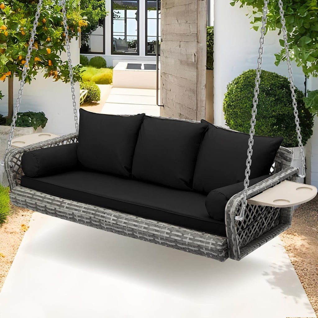 Grepatio Wicker Hanging Porch Swing - Outdoor 3 Person Patio Swing Bench with Cushion & Chains - 3-Seat Porch Swing Chair with Cup Holder for Garden, Yard, Lawn (Black Grey Rattan)