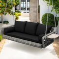 Grepatio Wicker Hanging Porch Swing - Outdoor 3 Person Patio Swing Bench with Cushion & Chains - 3-Seat Porch Swing Chair with Cup Holder for Garden, Yard, Lawn (Black Grey Rattan)