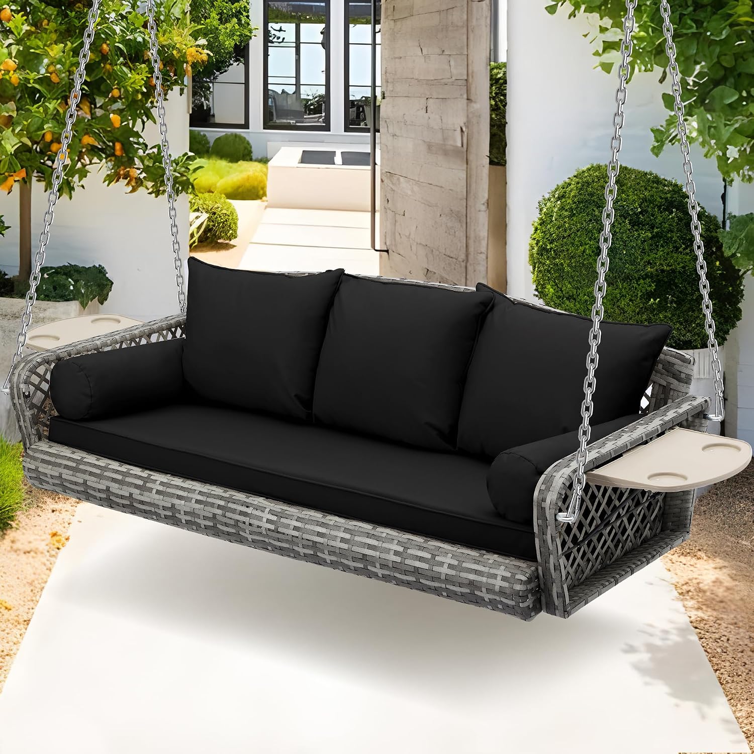 Grepatio Wicker Hanging Porch Swing - Outdoor 3 Person Patio Swing Bench with Cushion & Chains - 3-Seat Porch Swing Chair with Cup Holder for Garden, Yard, Lawn (Black Grey Rattan)