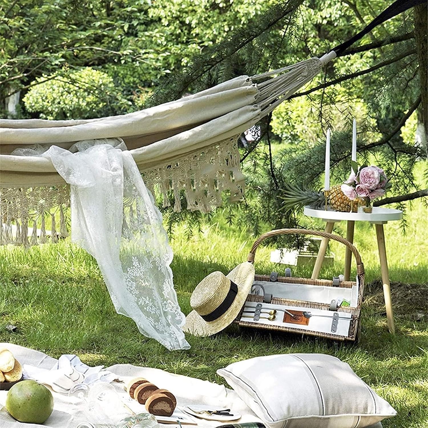 Heavy-Duty Canvas Hammock, 200x150 Cm Outdoor Hammock, Indoor and Outdoor Hanging Swing, Camping Leisure Hammock, Portable Cotton Rope Rocking Chair (Black)