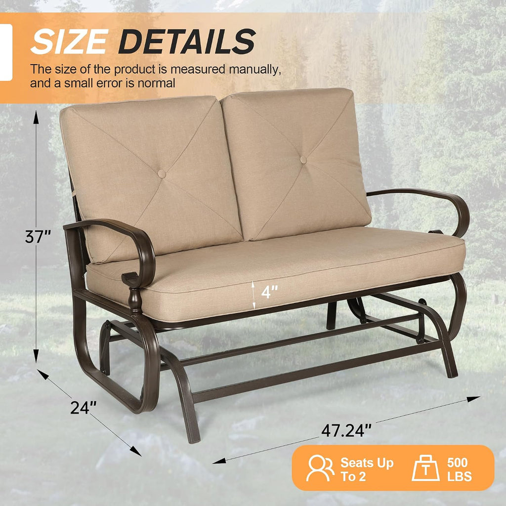 Incbruce Outdoor Glider Rocking Chair Patio Glider Bench for 2 Person, Porch Loveseat Seating Patio Steel Frame Chair Set with Cushion for Porch, Patio, Garden (Brown)