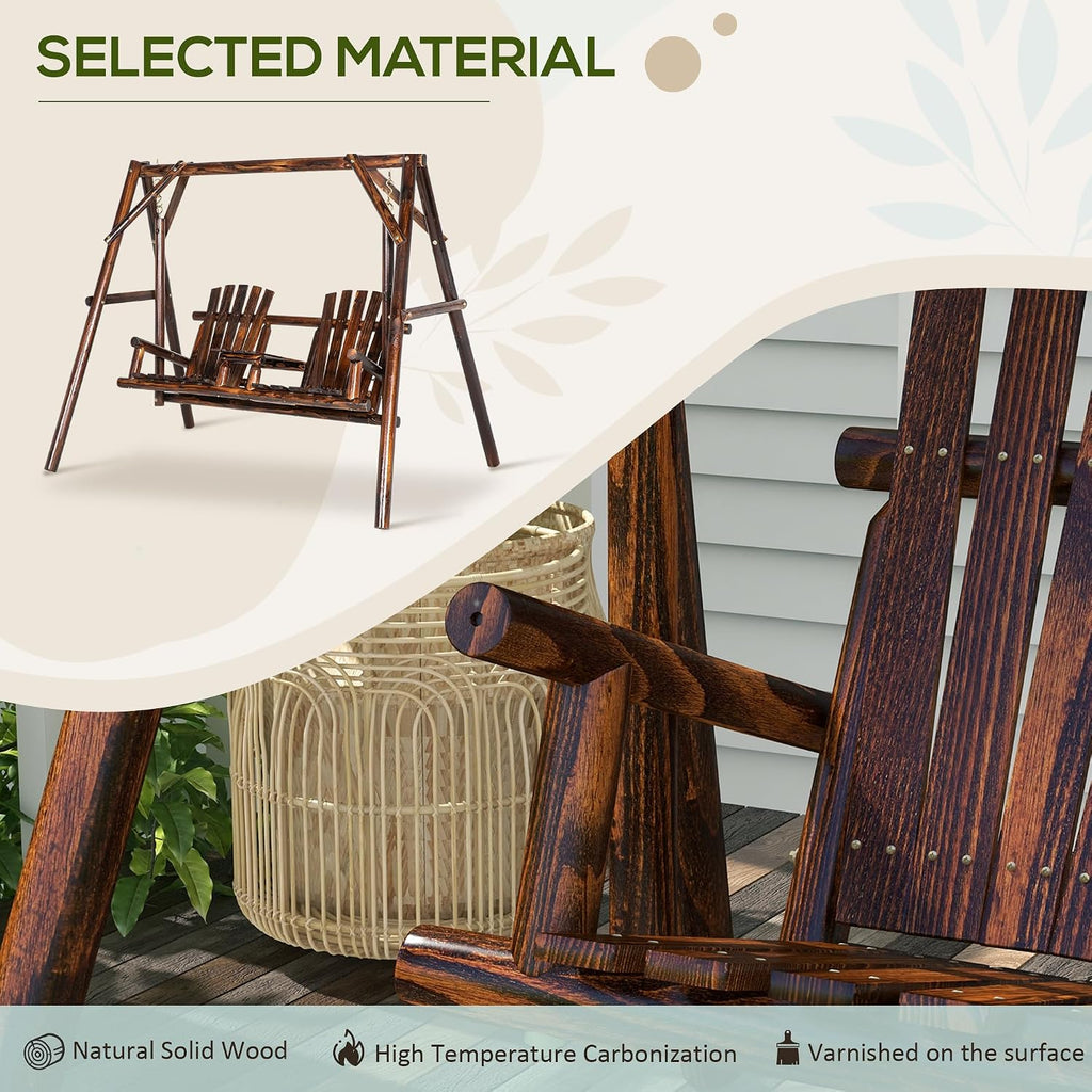 Outsunny Wooden Porch Swing with Stand, 2-Seat Patio Swing Chair with Center Table, for Garden, Poolside, Backyard