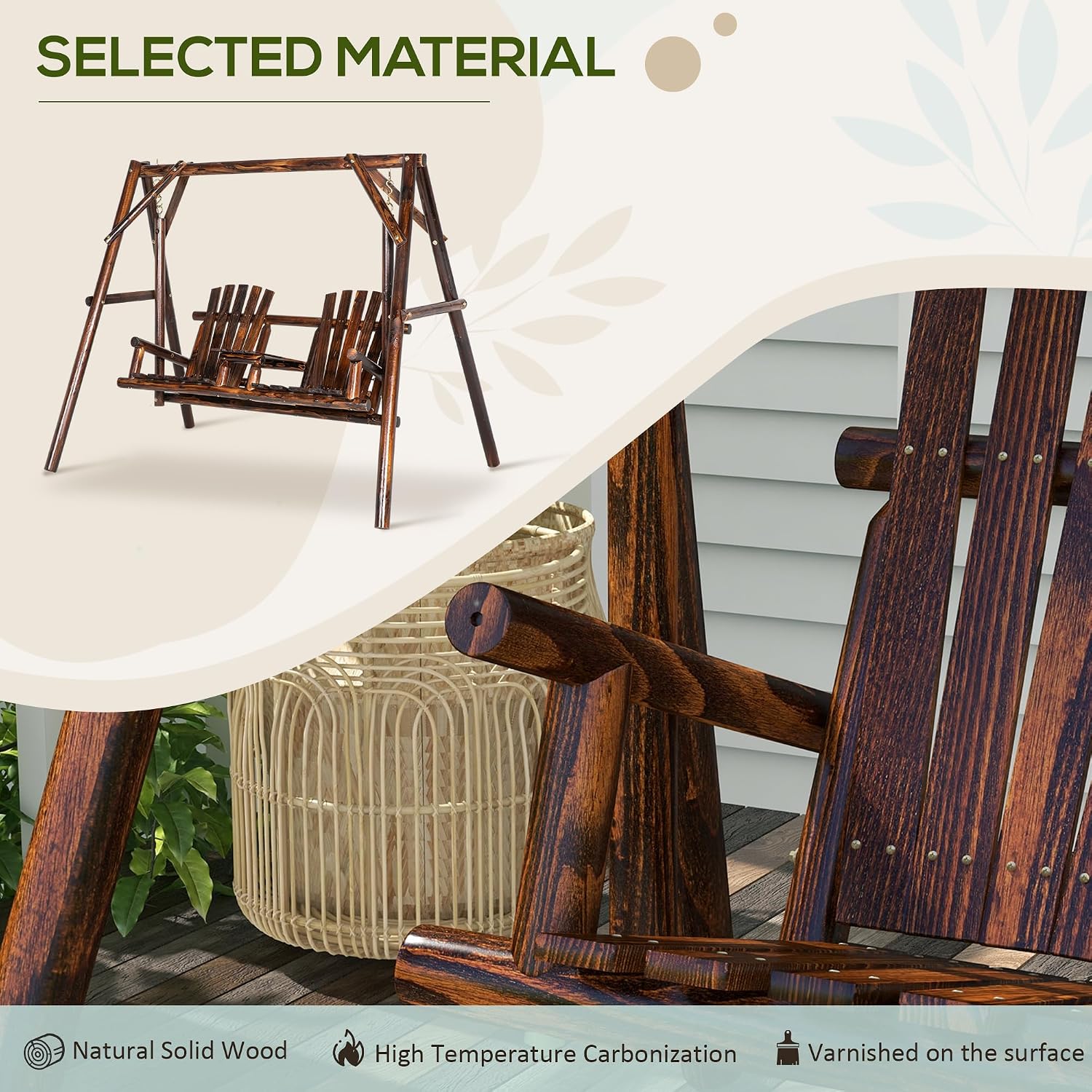 Outsunny Wooden Porch Swing with Stand, 2-Seat Patio Swing Chair with Center Table, for Garden, Poolside, Backyard