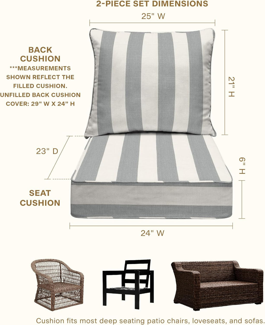 Honeycomb Outdoor Heritage Deep Seat, 24 x 23, Cabana Stripe Stone Grey Chair Cushion with Removable Cover, for Patio Furniture