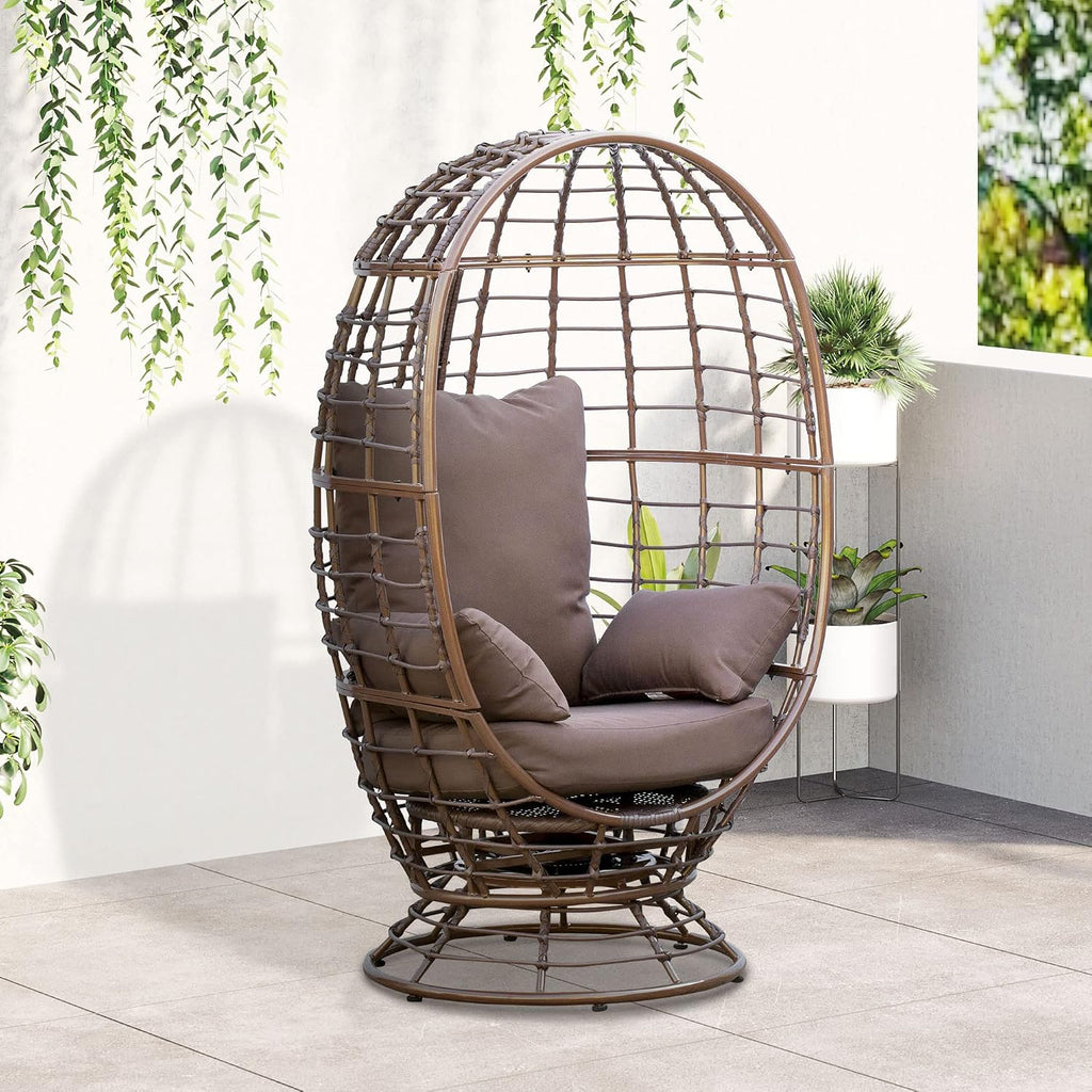 Outsunny Wicker Egg Chair, 360 Rotating Indoor Outdoor Boho Basket Seat with Cushion and Pillows for Backyard, Porch, Patio, Garden, Handwoven All-Weather PE Rattan, Steel Frame, Brown