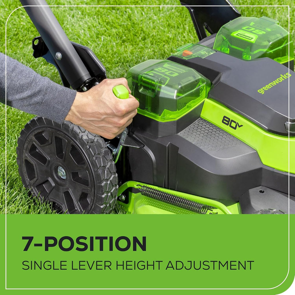 Greenworks 80V 25' Brushless Cordless (Self-Propelled) Dual Blade Lawn Mower (LED Headlight + Aluminum Handles), 4.0Ah Battery and Rapid Charger Included