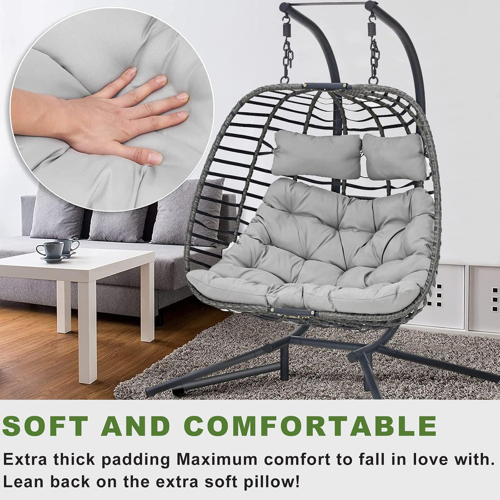 Indoor Outdoor Patio Wicker Hanging Chair Swing Chair Patio Egg Chair UV Resistant Cushion Aluminum Frame (Light Grey with 2 seat)