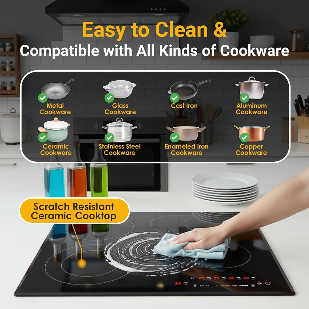 K&H 4 Burner Electric Cooktop - 24 Inch Built-In Radiant Ceramic Stove Top - 17 Power Levels & Touch Control, Compatible with All Cookware, 240V, 7200W High-Power Built-in Electric Stove, CE24-7206SL