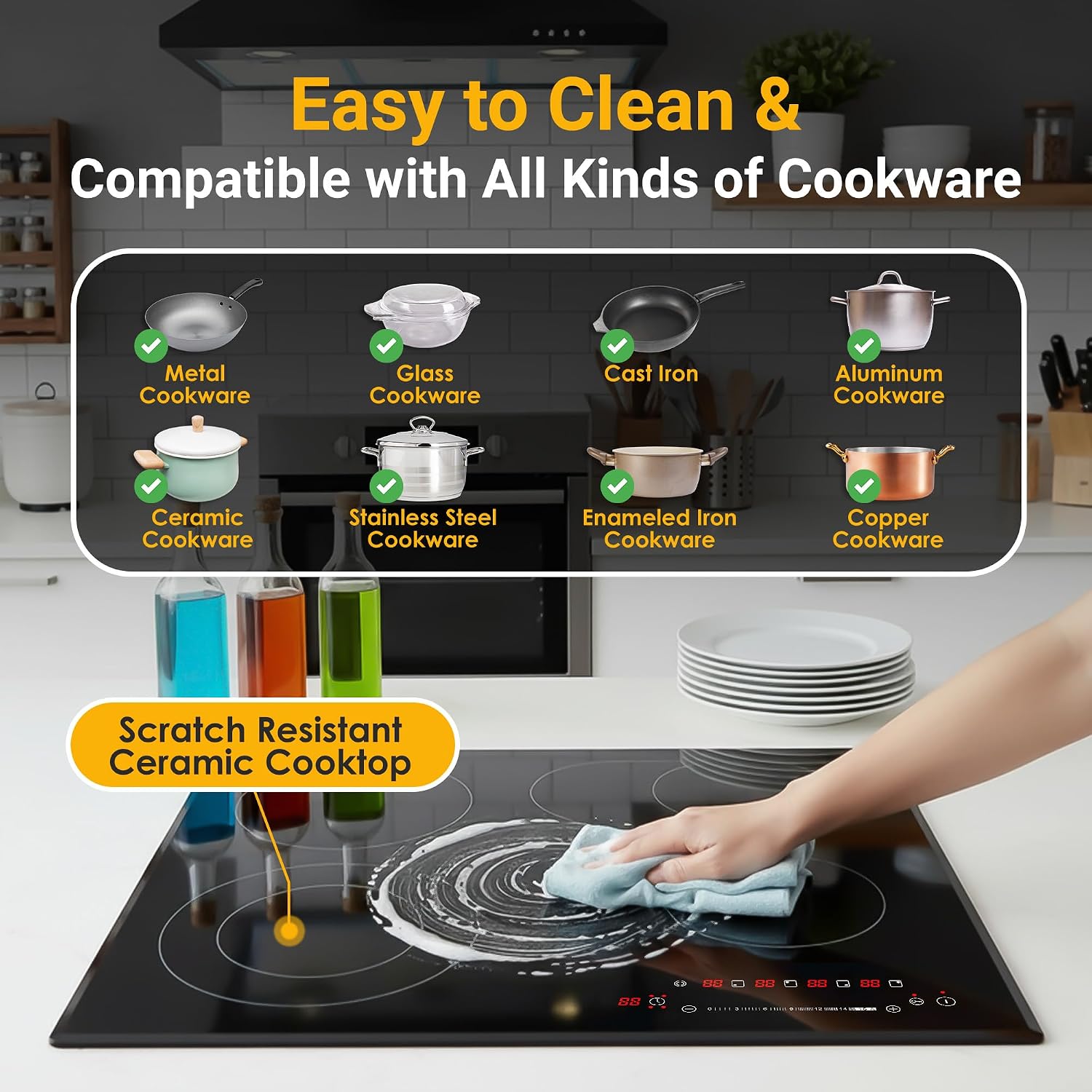K&H 4 Burner Electric Cooktop - 24 Inch Built-In Radiant Ceramic Stove Top - 17 Power Levels & Touch Control, Compatible with All Cookware, 240V, 7200W High-Power Built-in Electric Stove, CE24-7206SL