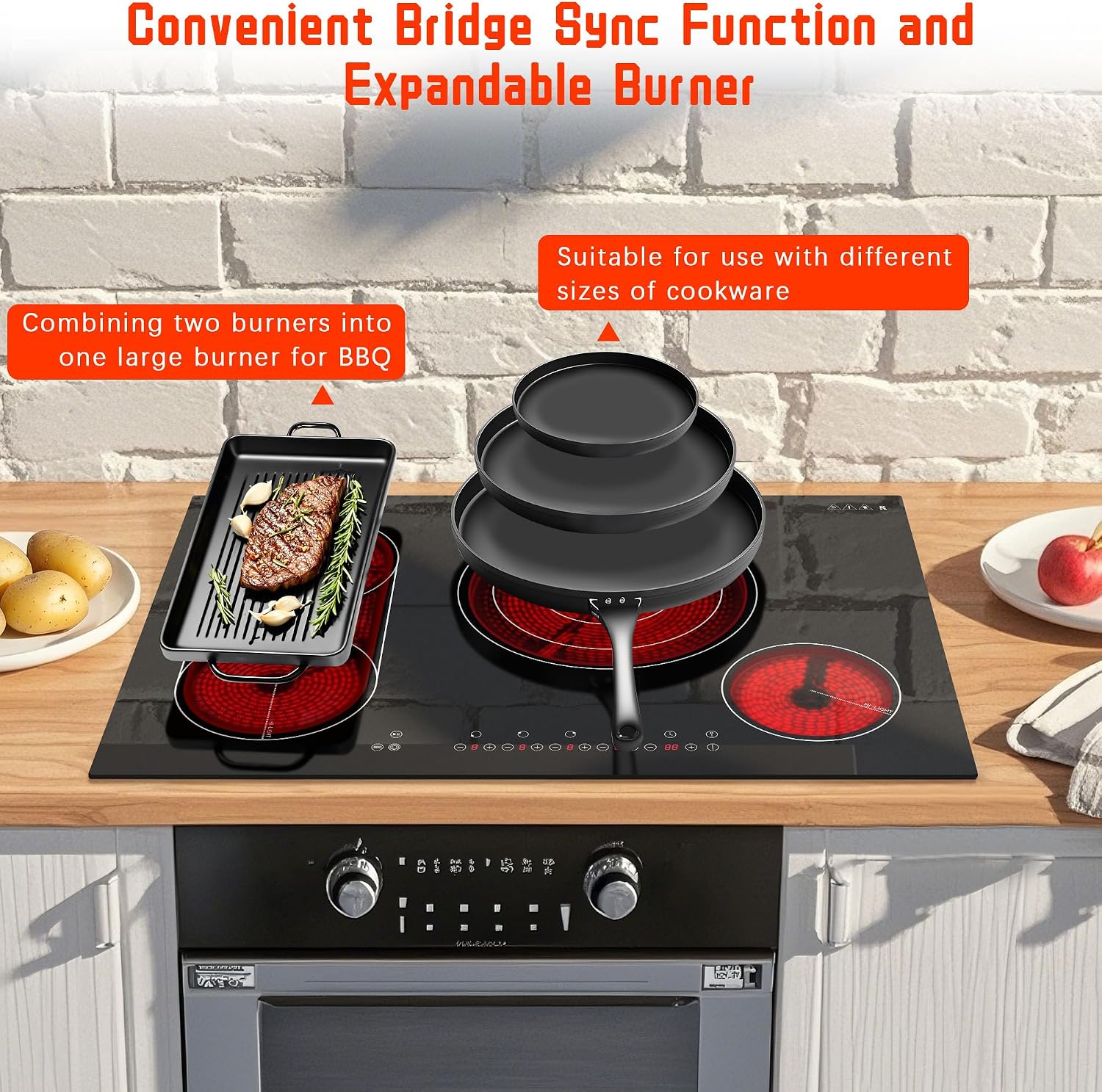 Karinear Electric Cooktop 30 Inch, 4 Burners Electric Stove Top, Flexible Bridge &Triple Ring Expandable Burners, Pause, Timer, Child Safety Lock, 7800W Built-in Ceramic Cooktop for 220-240V Hard Wire