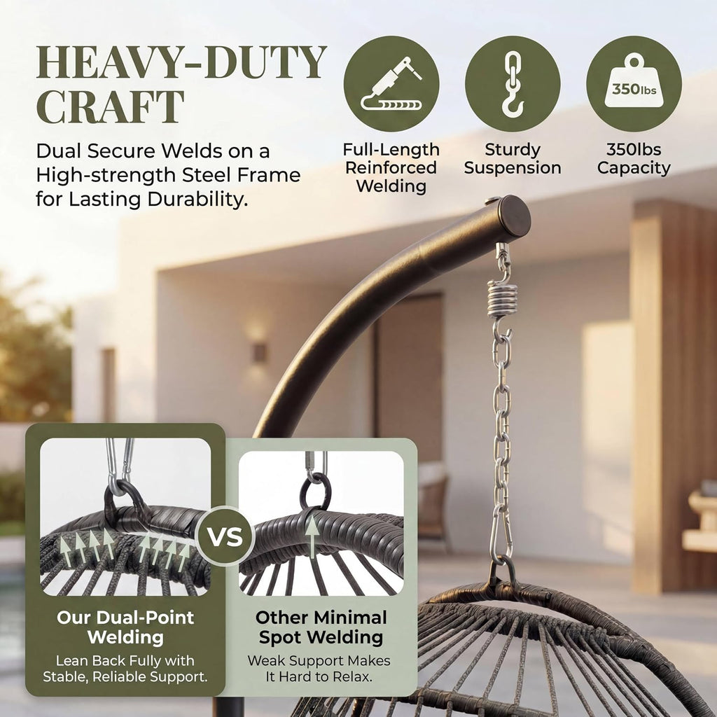 RADIATA Outdoor Self-Standing Egg Chair with Stand, 350Lbs Wicker Rattan Hanging Hammock Chair with Comfy Cushion, Single Eggshell Basket Swing Seat for Garden Balcony Bedroom Patio, Light Grey