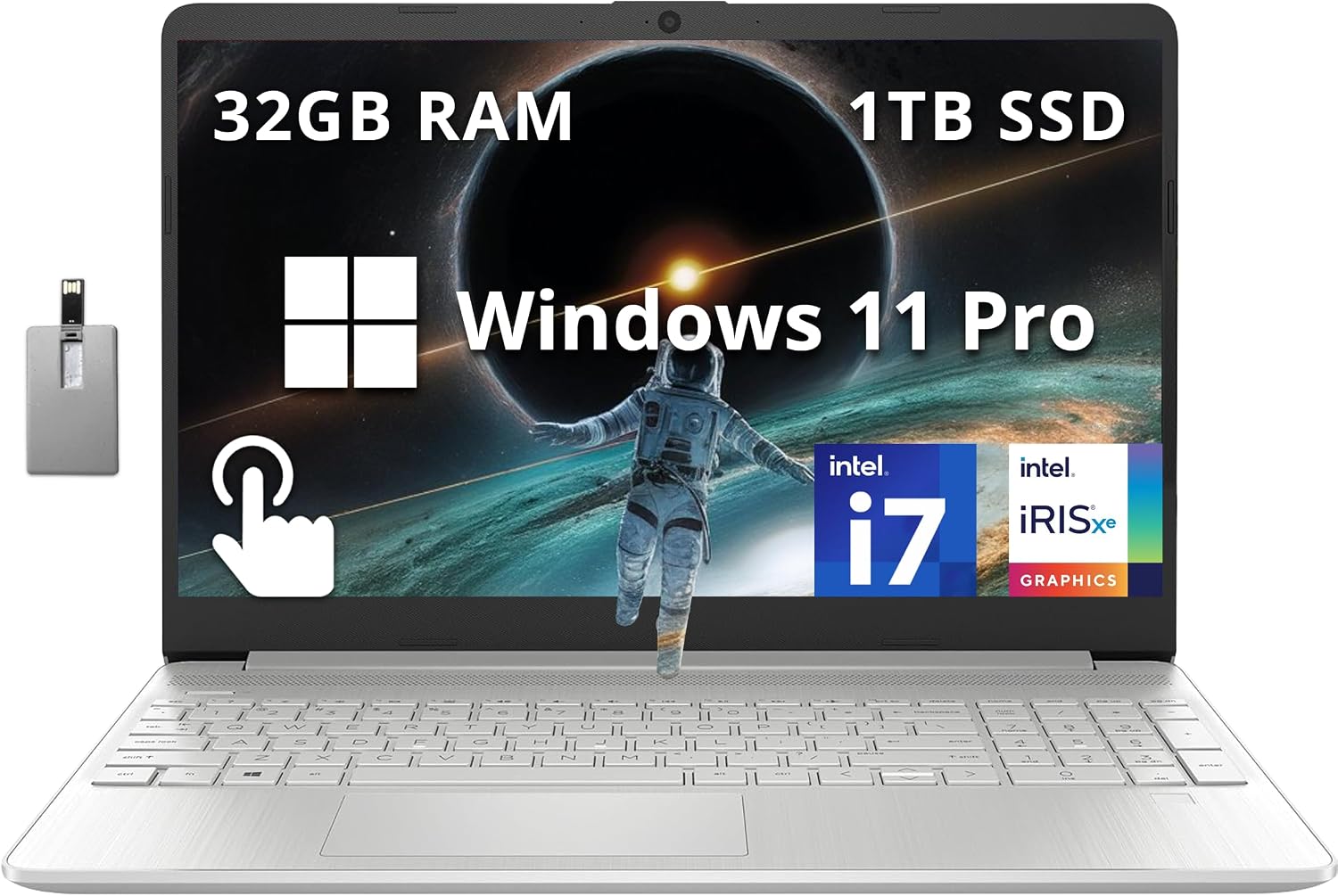 HP 15.6' FHD Touchscreen Business Laptop, Intel i7-1255U, 32GB RAM, 1TB PCIe SSD, Intel Iris Xe Graphics, Num Pad, Webcam, Windows 11 Pro, Natural Silver, 32GB Hotface USB Card