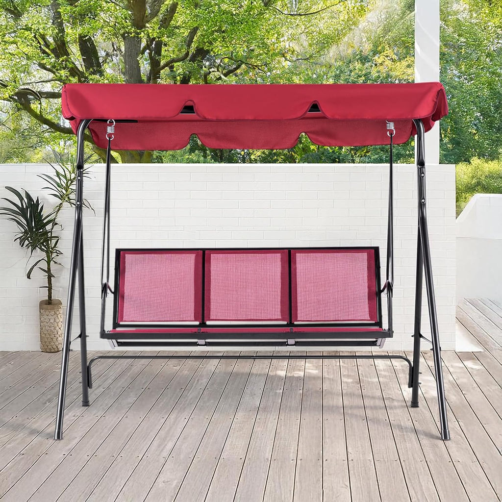 MCombo Outdoor Patio Canopy Swing Chair 3-Person, Steel Frame Textilence Seats Swing Glider, 4507 (Burgundy)