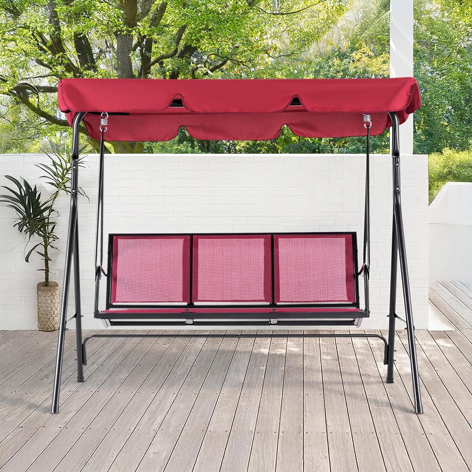 MCombo Outdoor Patio Canopy Swing Chair 3-Person, Steel Frame Textilence Seats Swing Glider, 4507 (Burgundy)