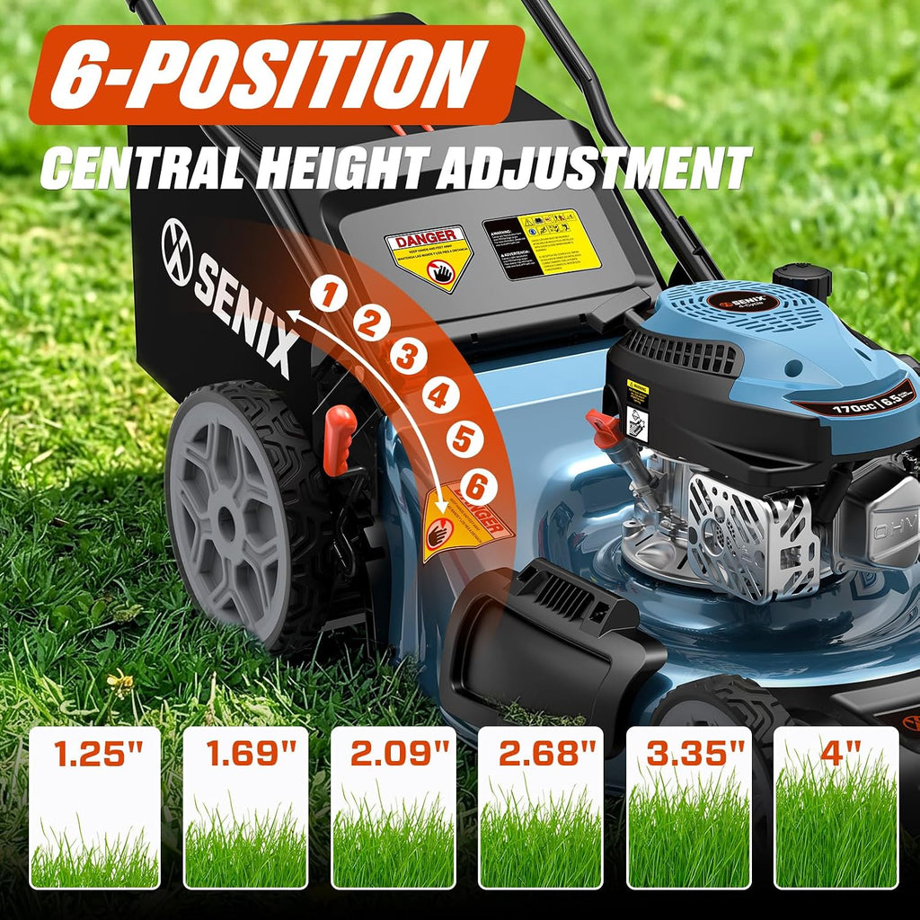 SENIX 22' Self-Propelled Gas Lawn Mower, Gas Powered Lawn Mower,170cc 4-Cycle Engine, Easy Start, 3-in-1 Mulching Bagging Side Discharge, 6 Cutting Height(1.25' - 4'), Durable Steel Deck,Foldable