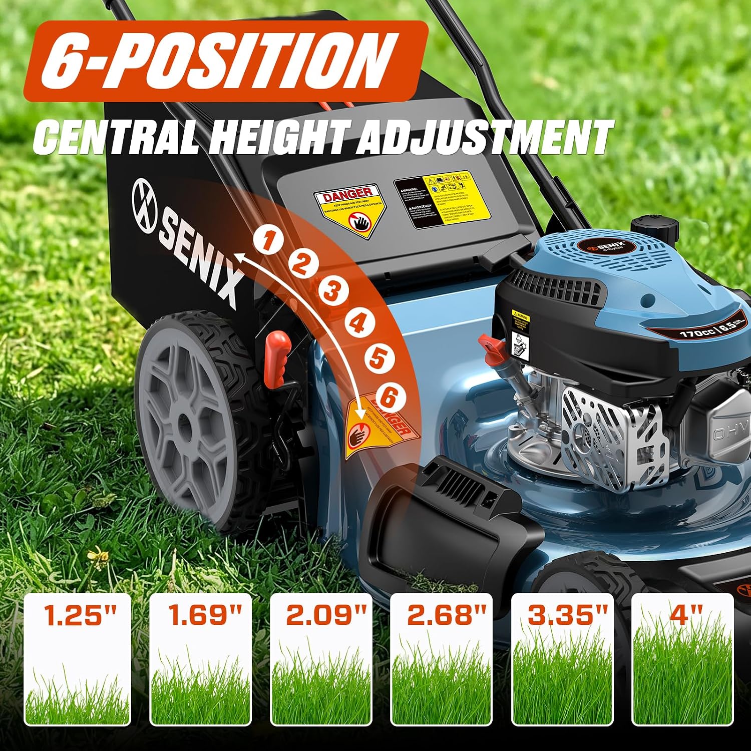 SENIX 22' Self-Propelled Gas Lawn Mower, Gas Powered Lawn Mower,170cc 4-Cycle Engine, Easy Start, 3-in-1 Mulching Bagging Side Discharge, 6 Cutting Height(1.25' - 4'), Durable Steel Deck,Foldable