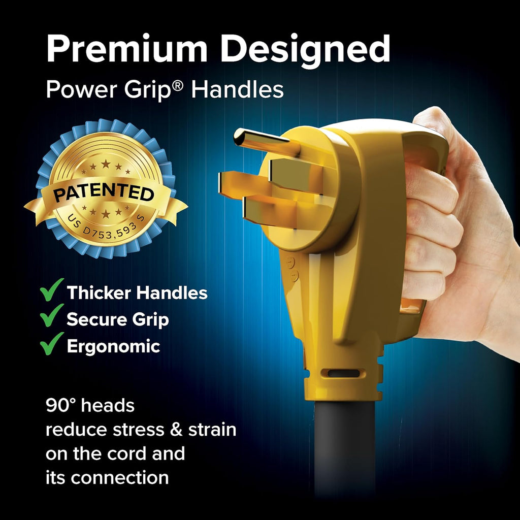 Camco Power Grip 30-Ft 50-Amp Camper/RV Extension Cord - Features Copper 6/3 + 8/1-Gauge Wires for Superior Conductivity - Rated for 125/250 V/12,500 W - Coated w/Heat-Resilient PVC (55195)